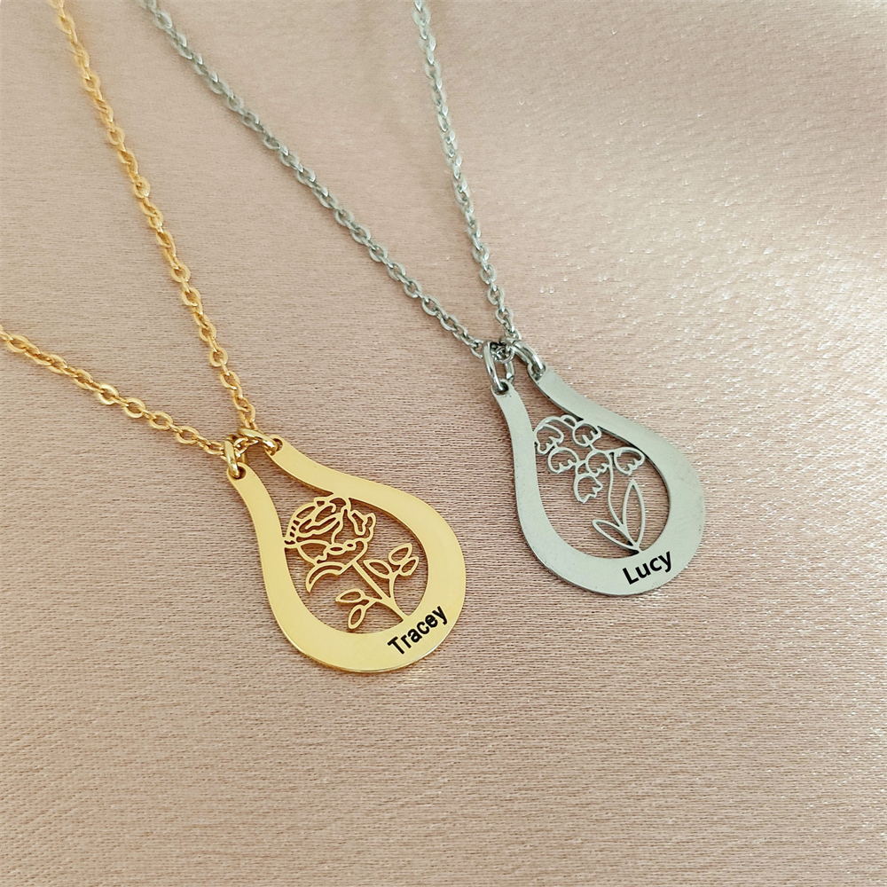 Birth Flower Necklace - Engraved Name Birth Flower Necklace Customized