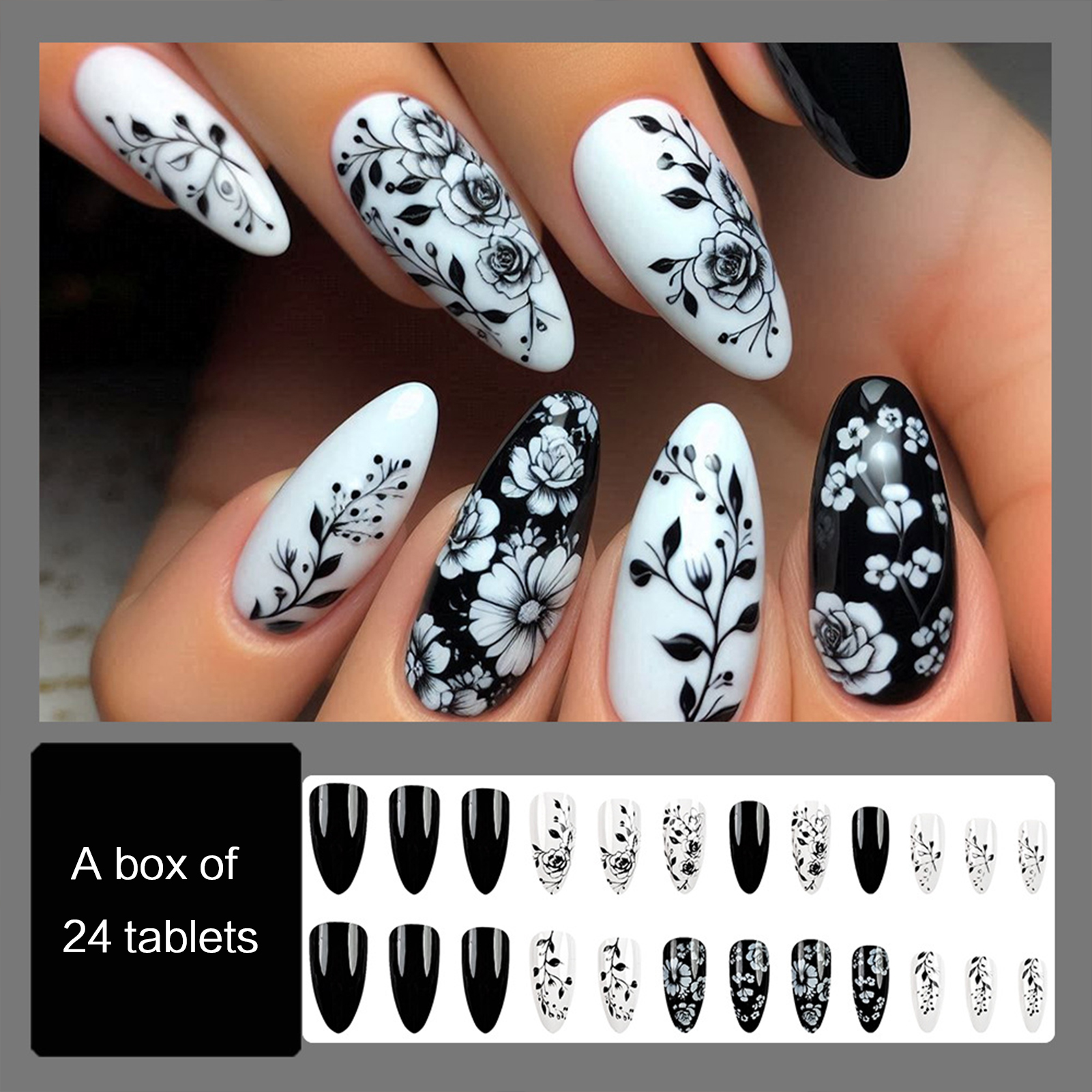 24Pcs Almond Fake Nails Black/ - Pressed Flower Art บทวิจารณ์และราคา