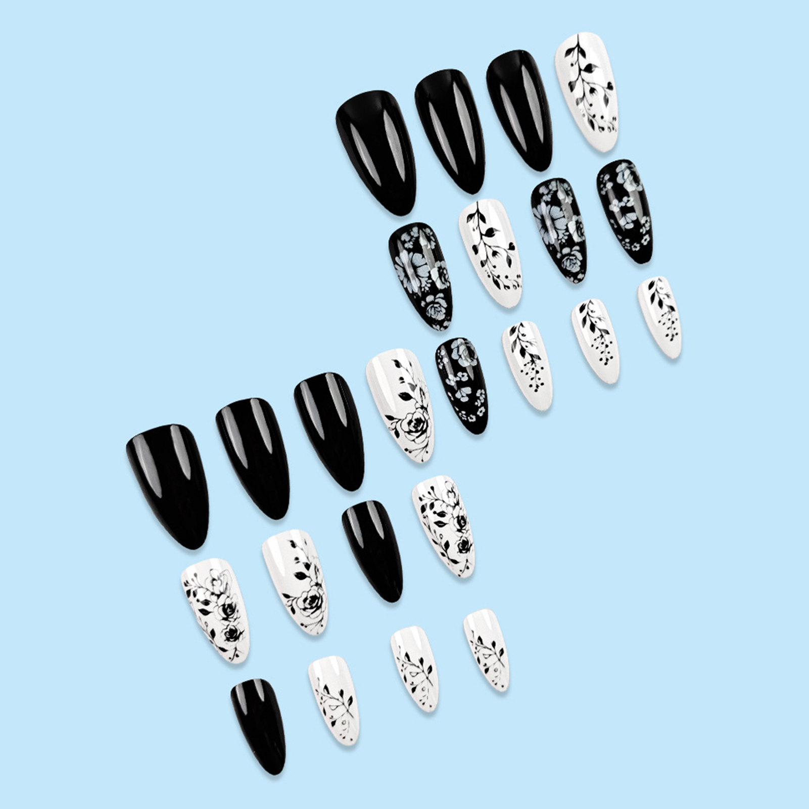 24Pcs Almond Fake Nails Black/ - Pressed Flower Art บทวิจารณ์และราคา