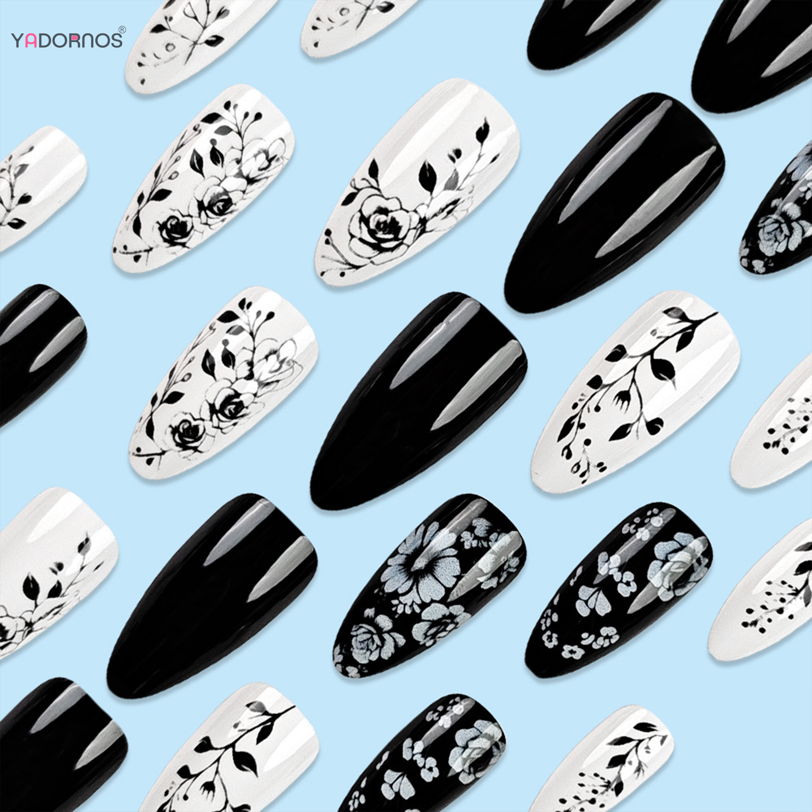 24Pcs Almond Fake Nails Black/ - Pressed Flower Art บทวิจารณ์และราคา