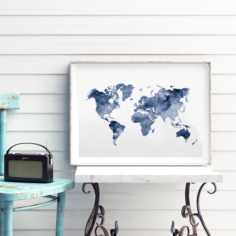 Blue World Map Print Navy Map  - Custom Star Map บทวิจารณ์และราคา