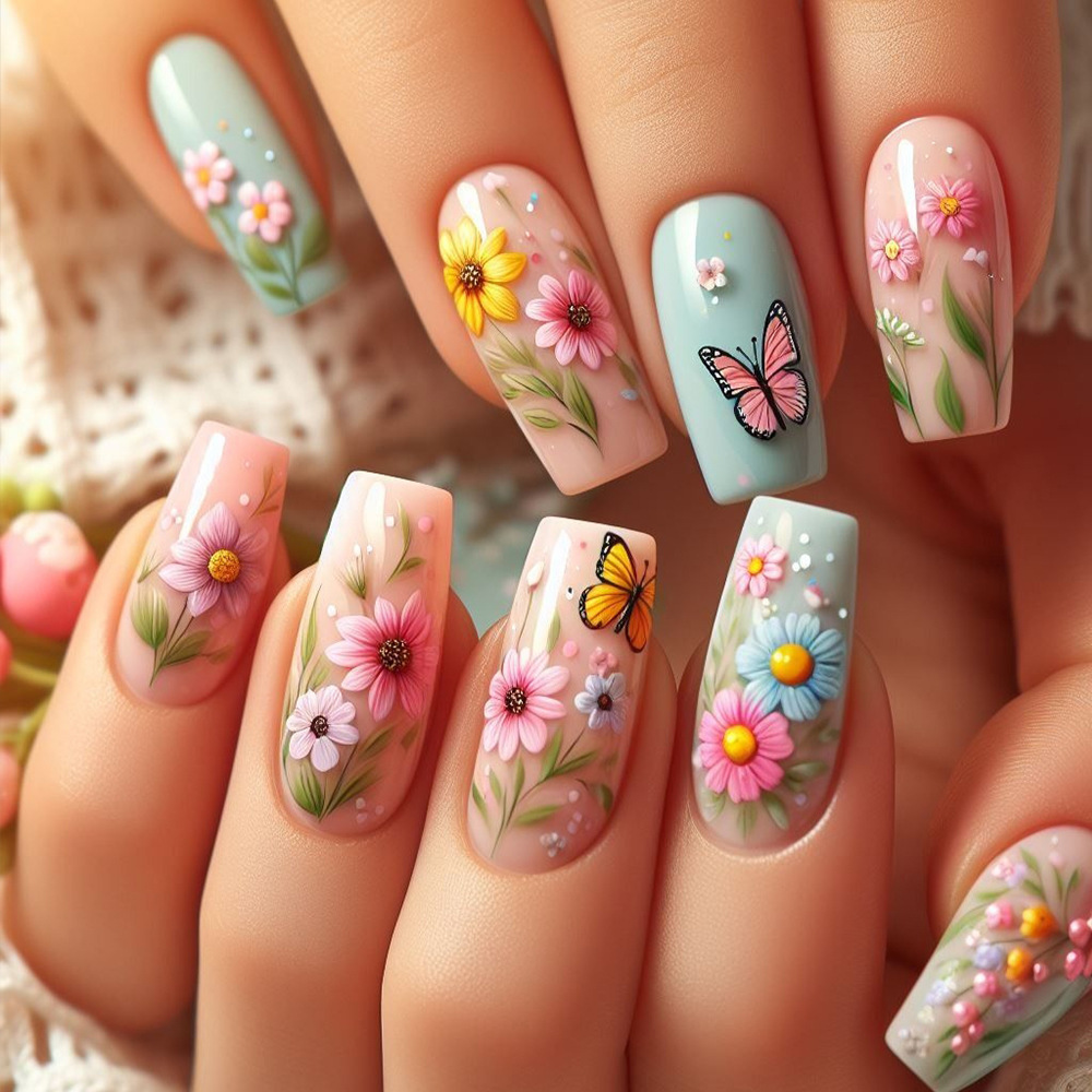 Medium long fake nails gradien - Pressed Flower Art บทวิจารณ์และราคา