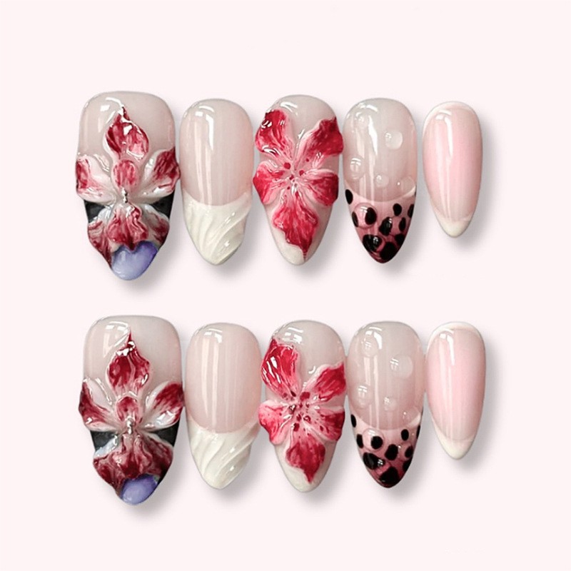 24pcs Leopard Print Brown Nail - Pressed Flower Art บทวิจารณ์และราคา